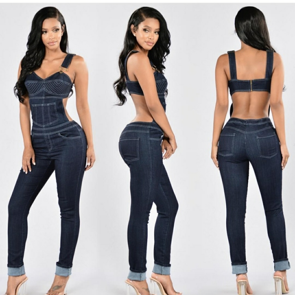 Open back denim jumpsuit